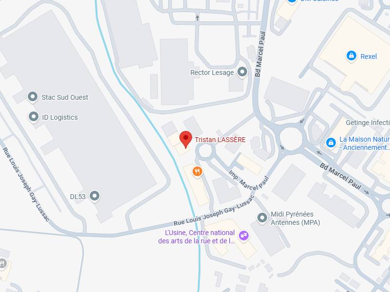 Tristan LASSÈRE : Carte d'accès Rue Louis Joseph Gay-Lussac. Carte du secteur Tristan LASSÈRE, Rue Louis Joseph Gay-Lussac et Bd Marcel Paul, près de L'Usine, Stac Sud Ouest et ID Logistics.